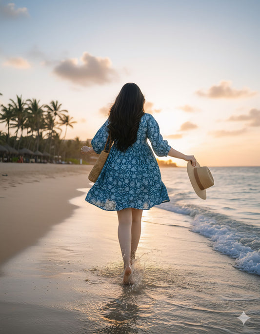 Western Designer Printed Blue Dress for Women