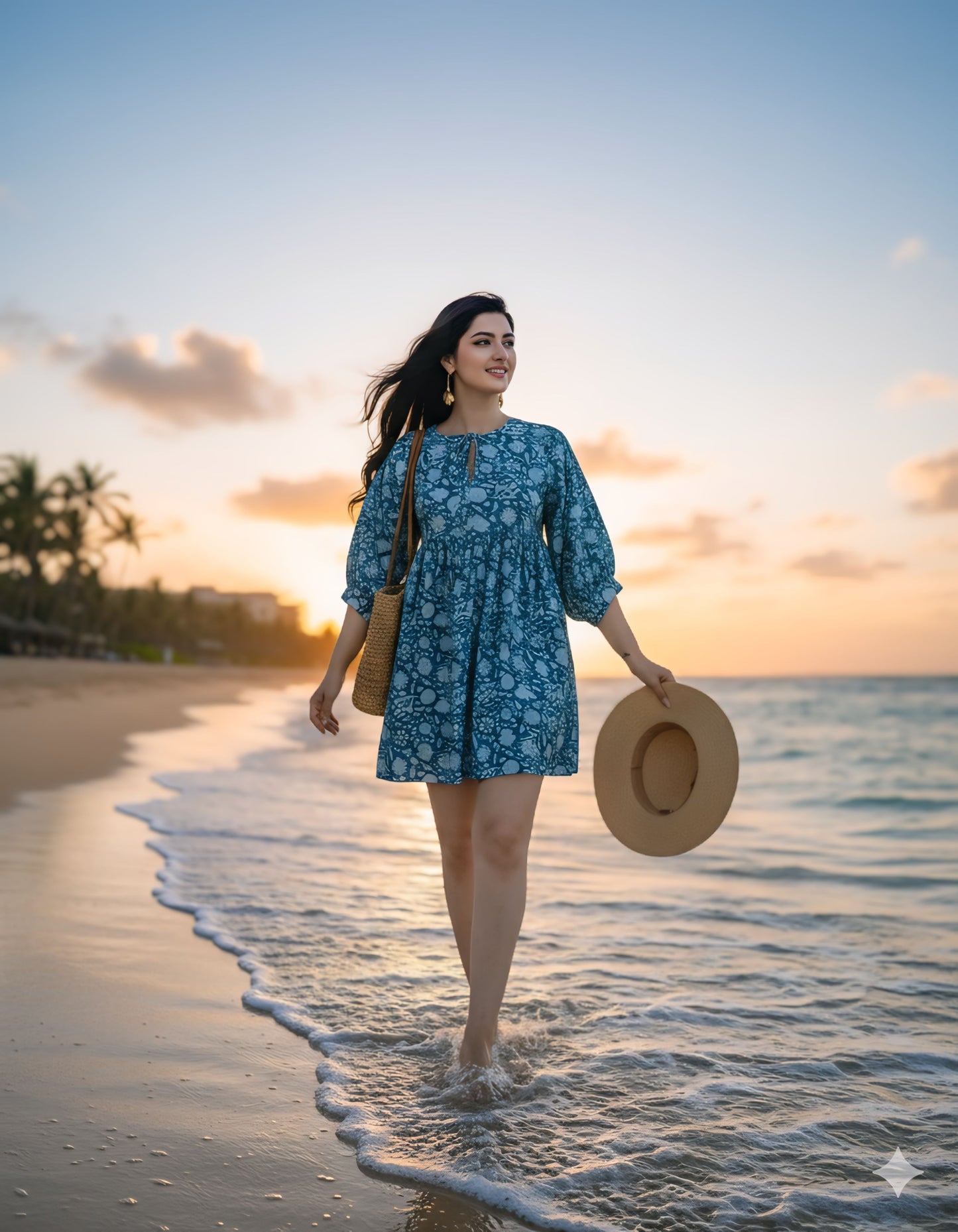 Western Designer Printed Blue Dress for Women