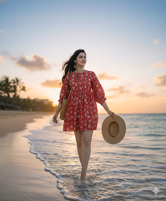 Western Designer Printed Red Dress for Women