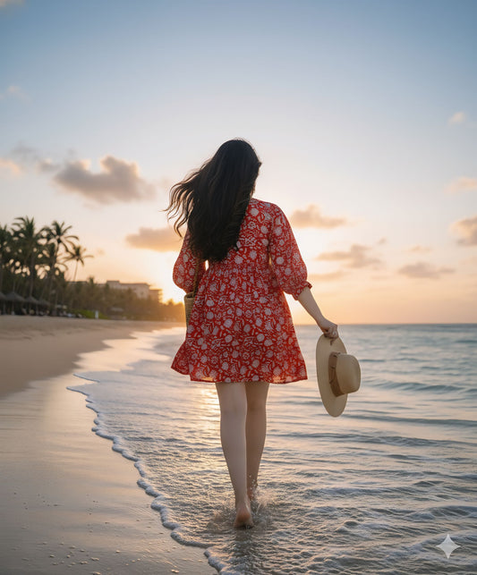 Western Designer Printed Red Dress for Women