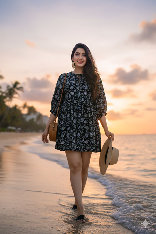 Western Designer Printed Black Dress for Women