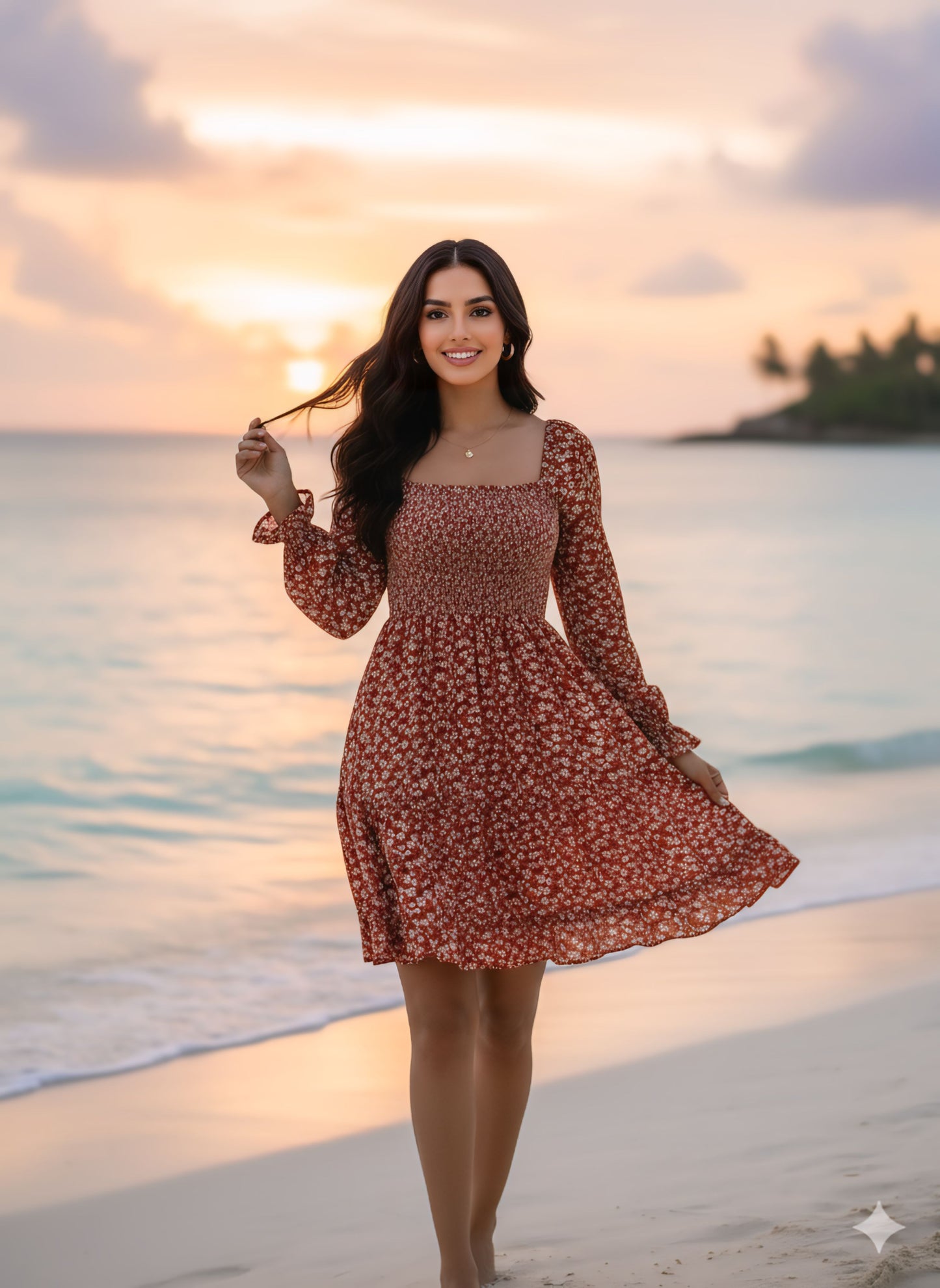 Sunset Blossom Charm: Rust Floral Beach Dress for Women