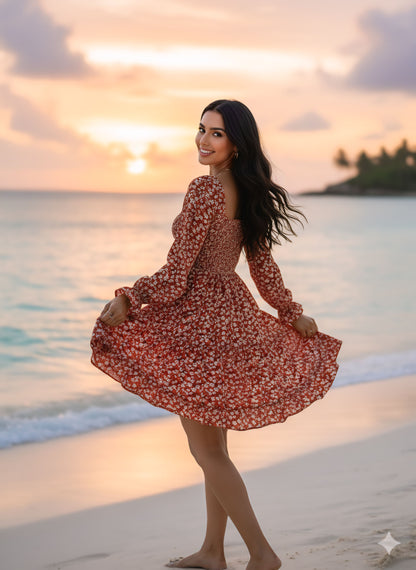 Sunset Blossom Charm: Rust Floral Beach Dress for Women