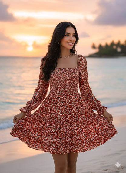 Sunset Blossom Charm: Rust Floral Beach Dress for Women