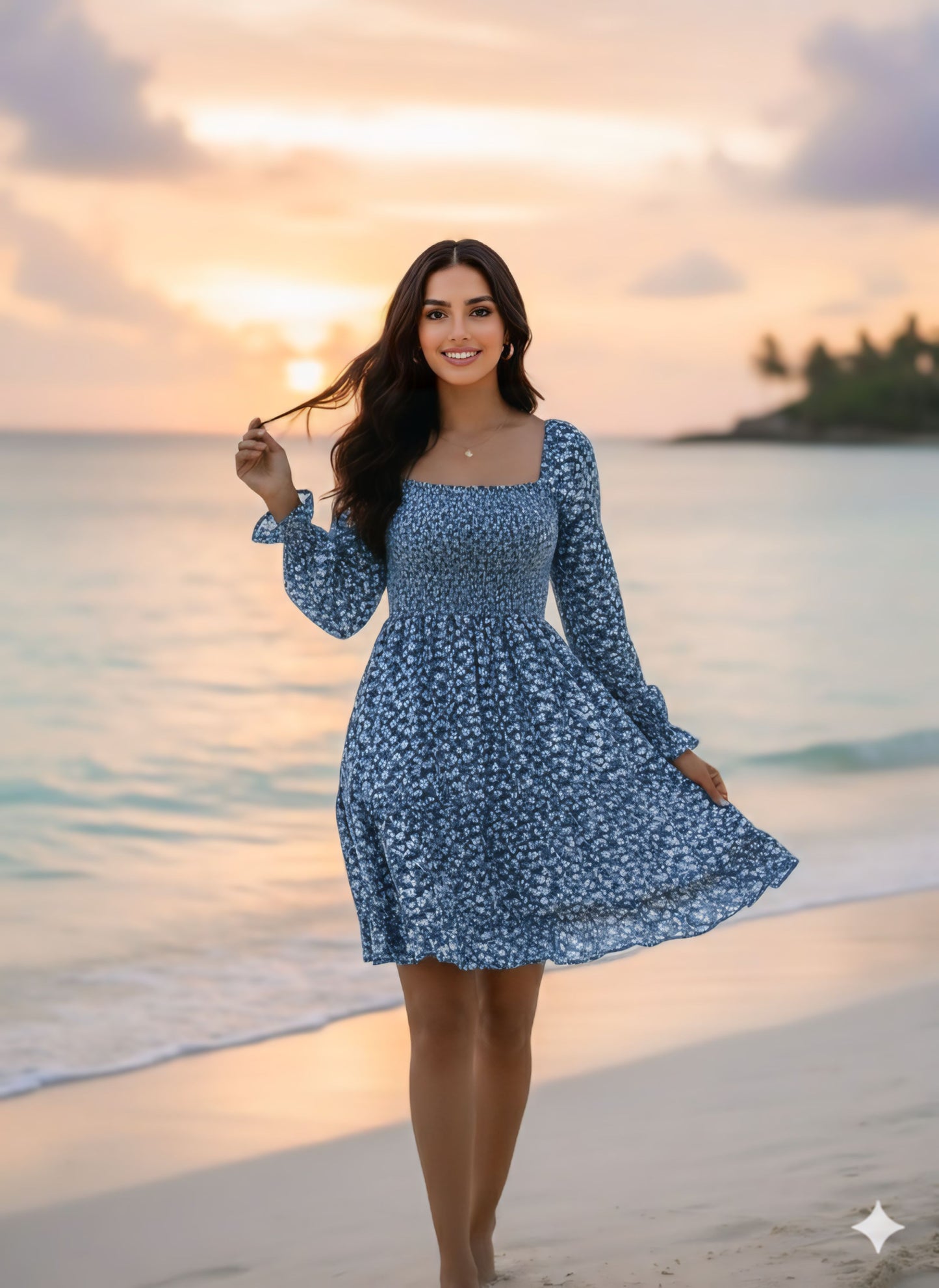 Ocean Breeze Charm: Blue Floral Beach Dress for Women