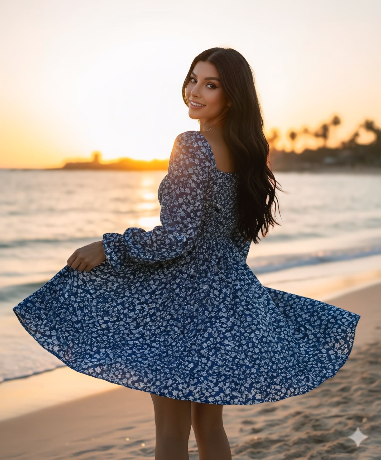 Ocean Breeze Charm: Blue Floral Beach Dress for Women
