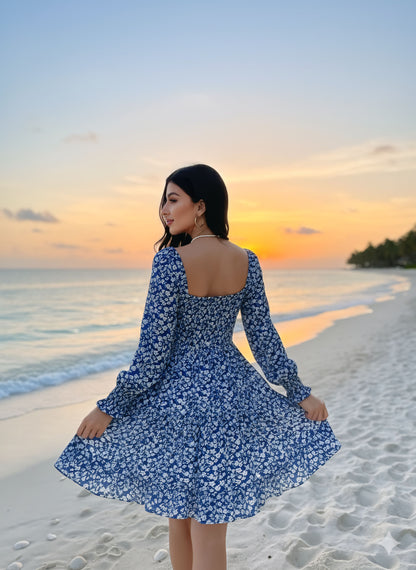 Ocean Breeze Charm: Blue Floral Beach Dress for Women