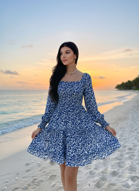 Ocean Breeze Charm: Blue Floral Beach Dress for Women