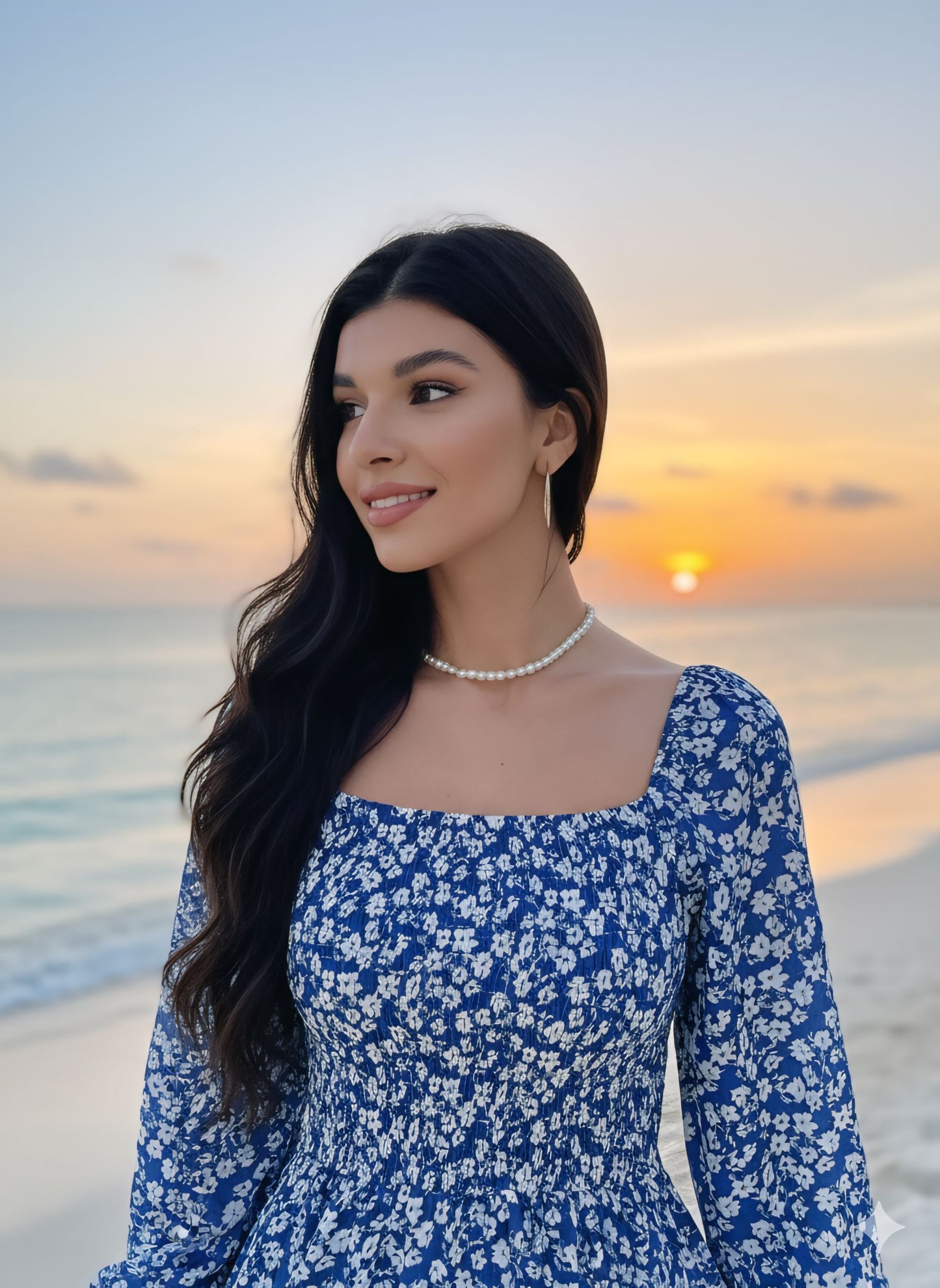 Ocean Breeze Charm: Blue Floral Beach Dress for Women